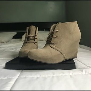 Gray lace up wedge booties